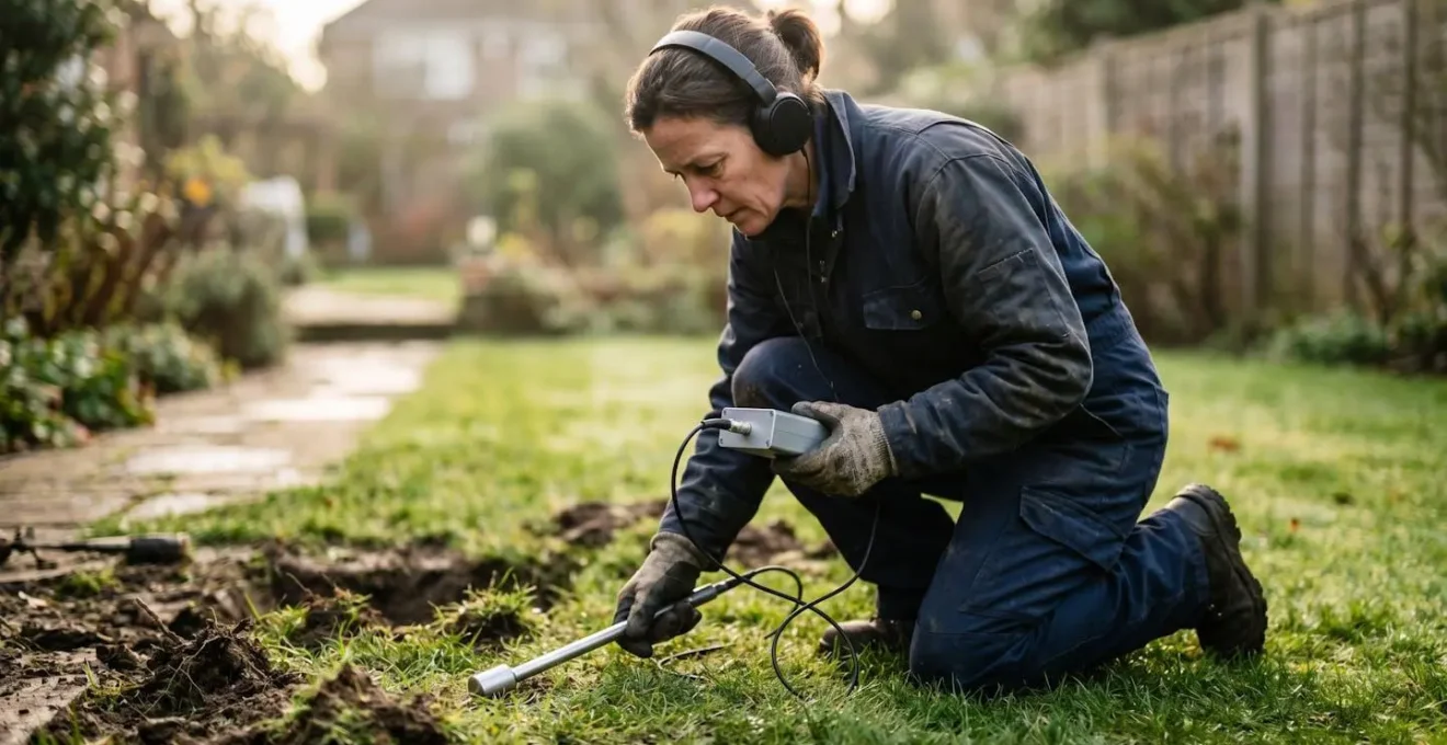 Technicien utilisant un détecteur acoustique pour localiser une fuite souterraine dans un jardin
