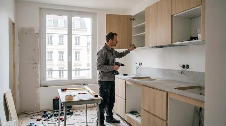 Artisan installant une cuisine moderne dans un appartement en cours de rénovation, lumière naturelle, intérieur contemporain français