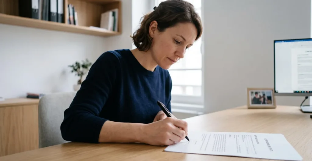 Main signant un document immobilier sur un bureau de notaire ou d'agence, stylo et papier Main signant un document immobilier sur un bureau de notaire ou d'agence, stylo et papier